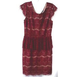 Maeve Anthropologie Elsa Burgundy Red Lace Peplum Sheath Dress Size Small